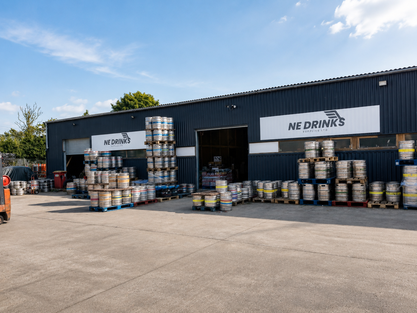 NE Drinks Supplies depot with kegs stacked in the yard